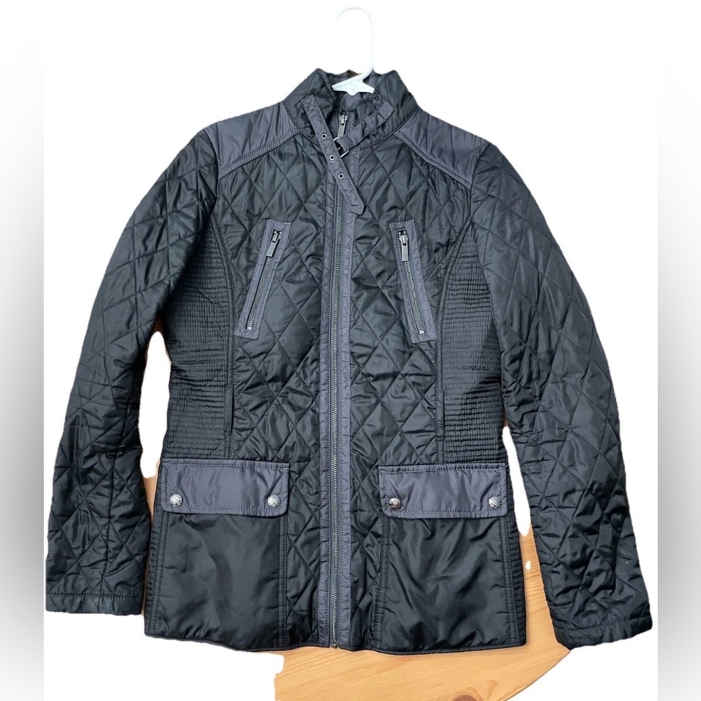 Banana Republic quilted utility jacket Black Women's Small With Belt Pockets Zip